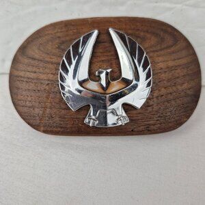 Handmade Wooden Belt Buckle with Vintage Era Chrysler Imperial Emblem Ornament.